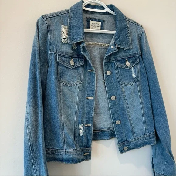 Wax Jean Vintage Denim Jacket Mid Blue Wash Distressed Casual Layers Medium VTG - Picture 6 of 12